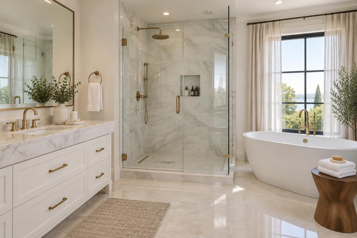 Illustrative bathroom after cleaning, spotless marble vanity, clear mirror and streak-free shower glass