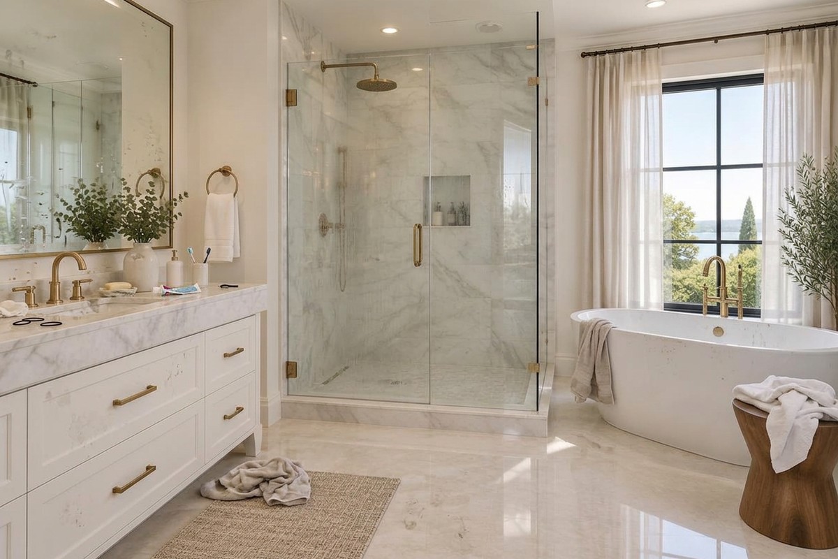 Illustrative bathroom before cleaning, toiletries on the counter, mirror smudges and a towel on the floor